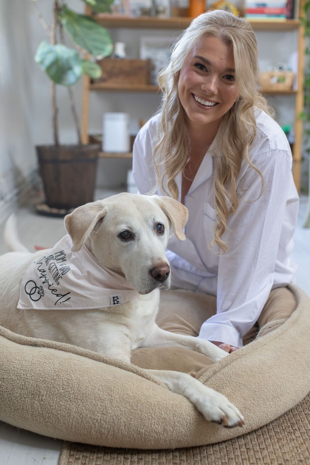 Smiling blonde bride posing with yellow Labrador wearing a wedding bandana on a dog bed.