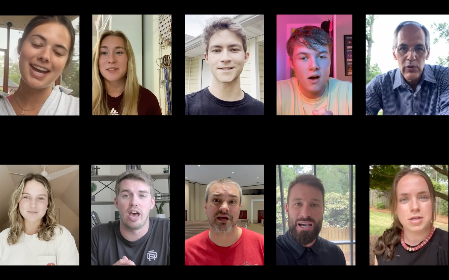 A grid of webcam-style headshots showing multiple people looking at the camera in various casual poses and settings.