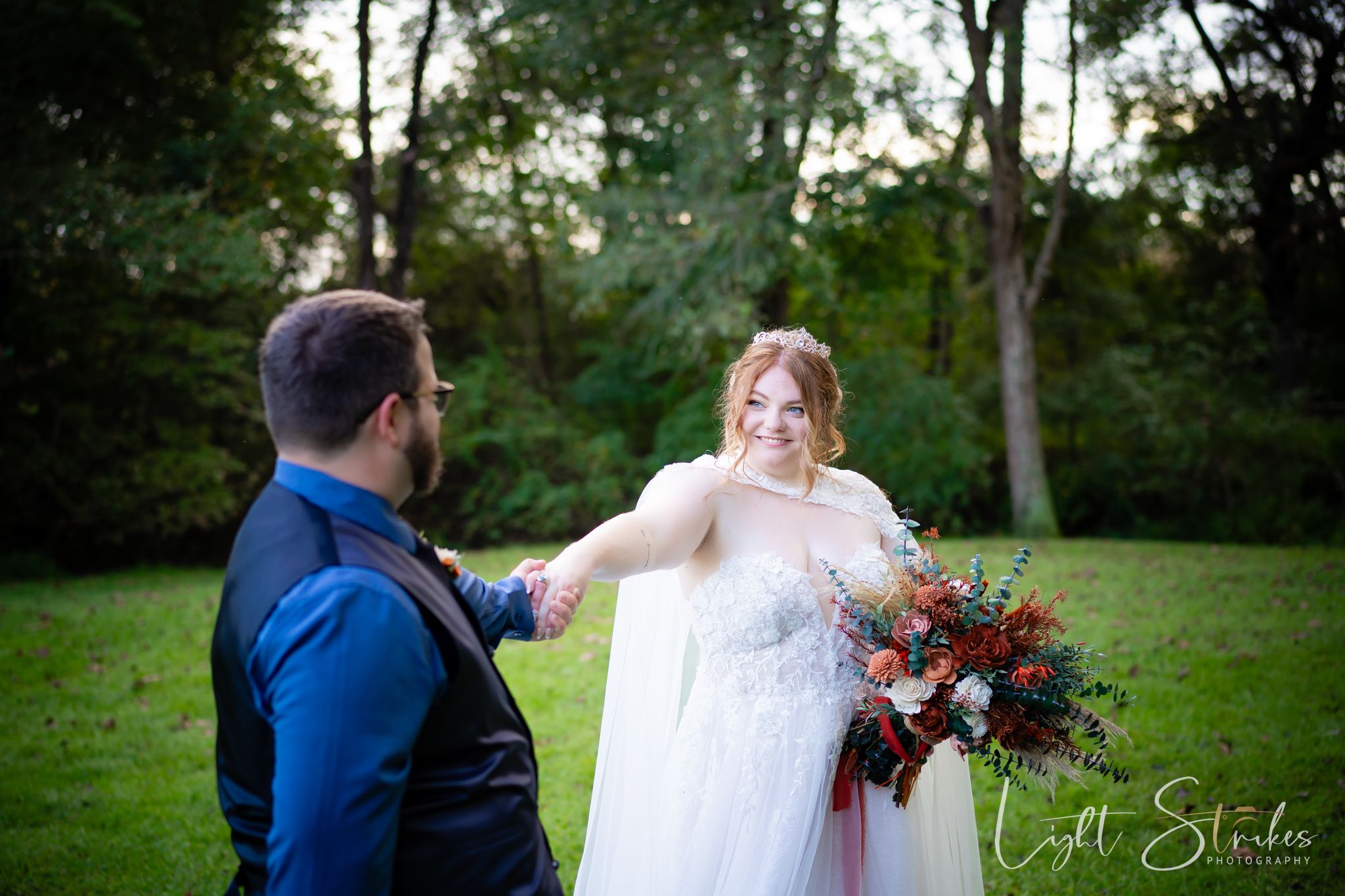 A romantic wedding photoshoot sequence in a lush garden setting with a couple in blue suit and white dress.