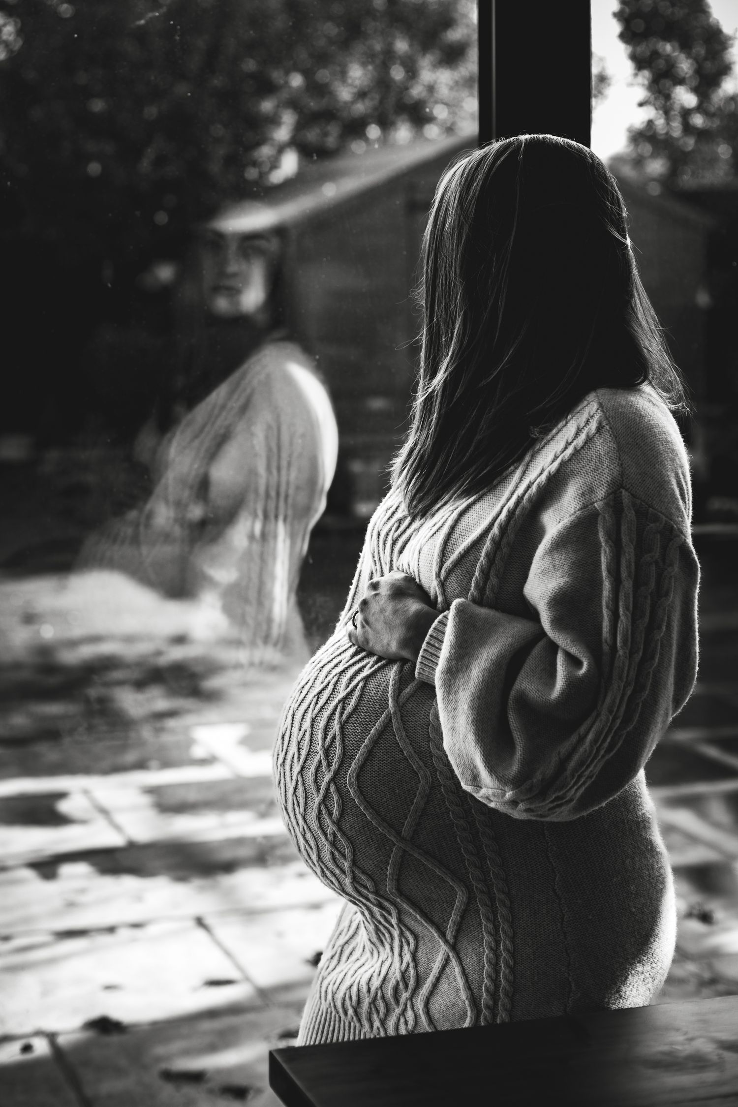 black and white maternity reflection