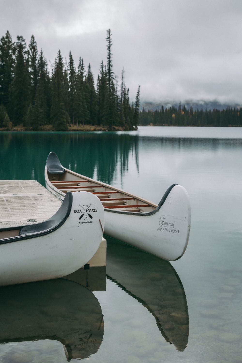 White canoes lined up along a misty lake dock with pine forest in the background.