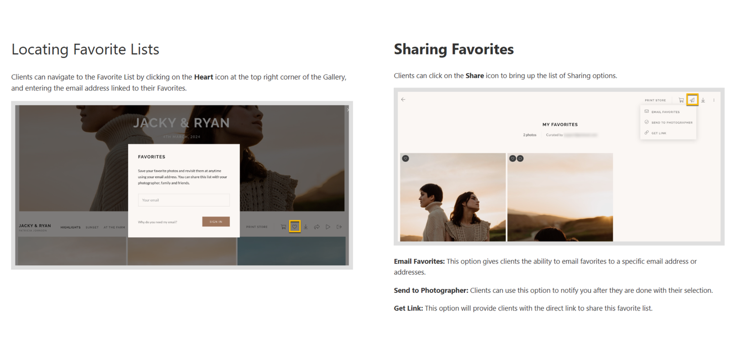 Screenshot of wedding photography website showing favorite lists and sharing features for client photo galleries.