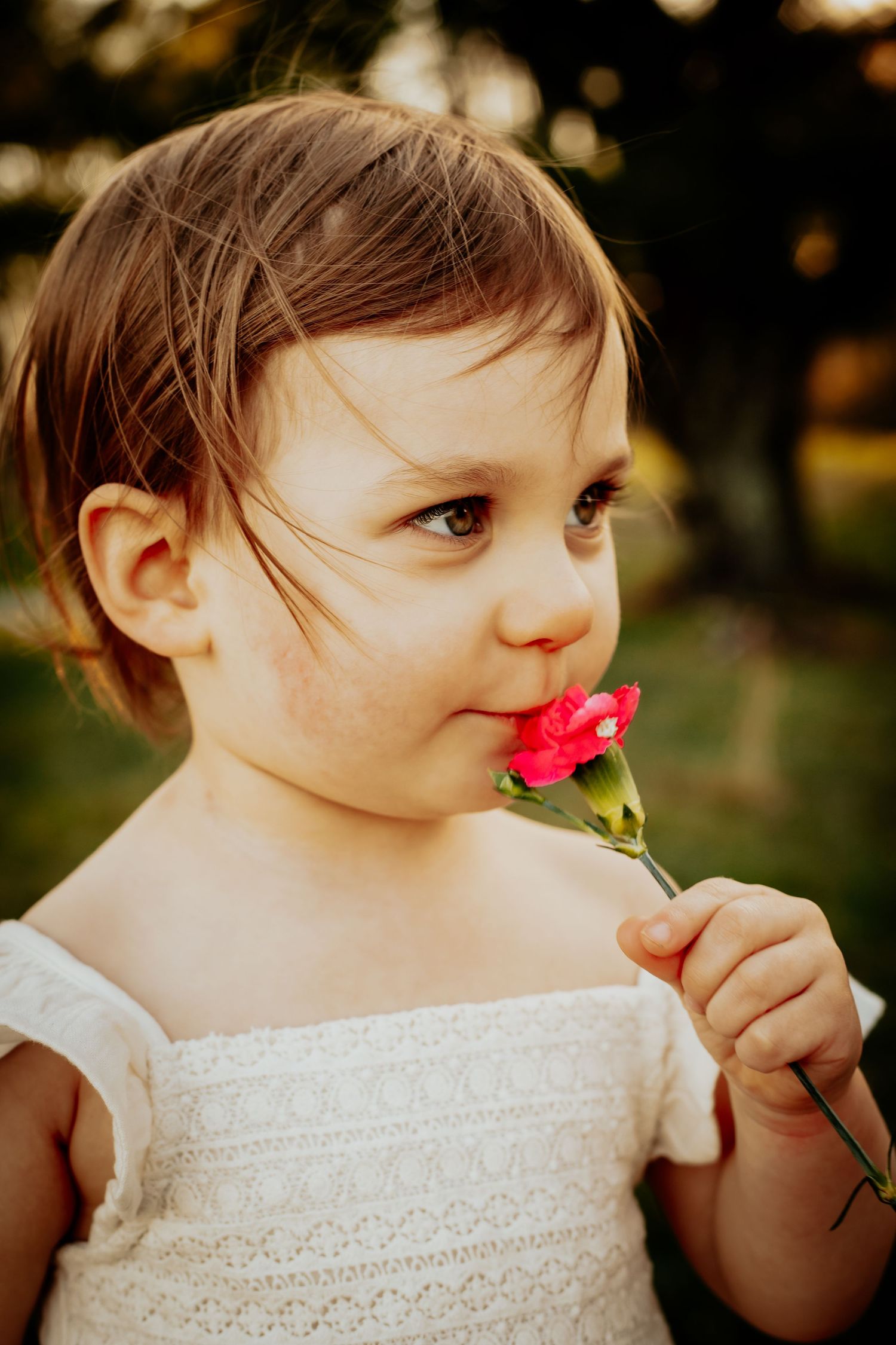Little girl kissing a flower.