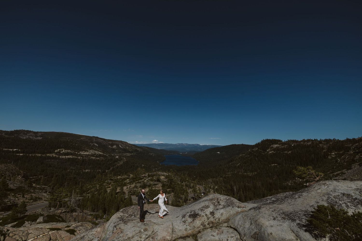 Panoramic mountain vista with dense forest and clear blue skies.