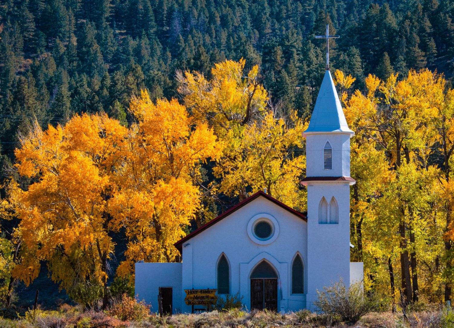 White church steeple stands against vibrant yellow autumn trees and evergreen forest in a mountain landscape.