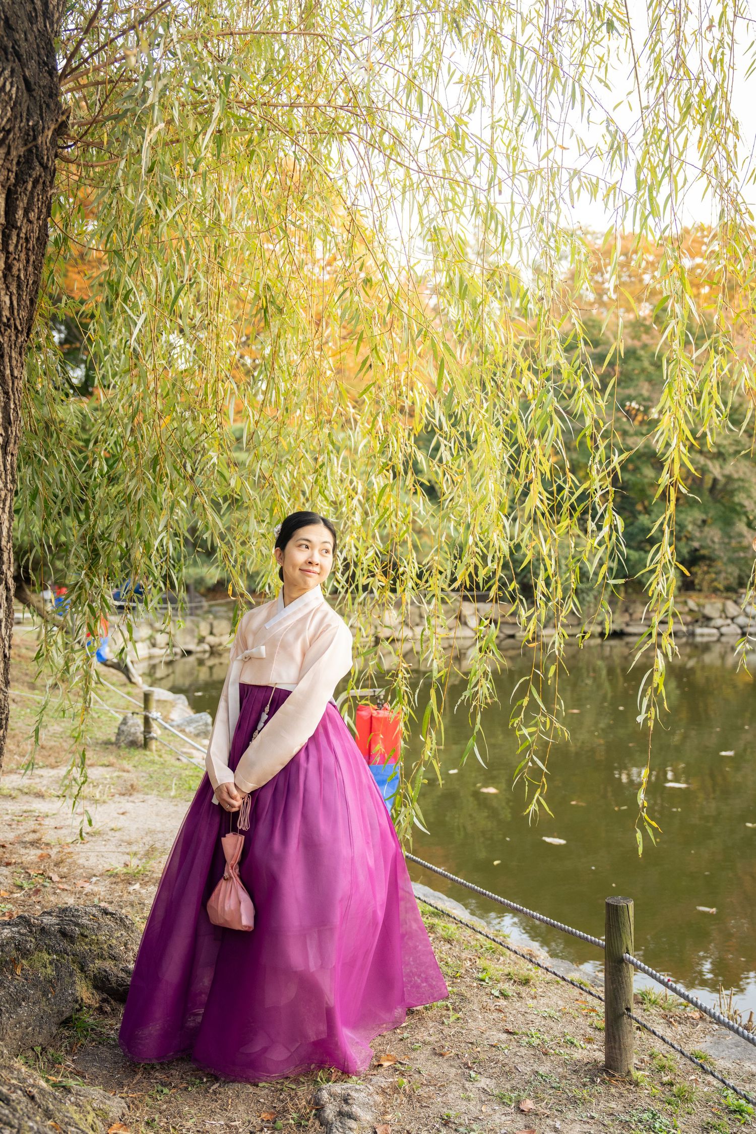 Traditional Korean hanbok dress in purple and pink under a weeping willow tree by a serene pond.