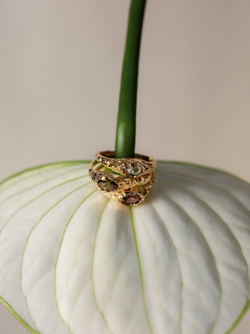 A gold ring with delicate filigree details rests atop a pristine white anthurium flower against a neutral background.