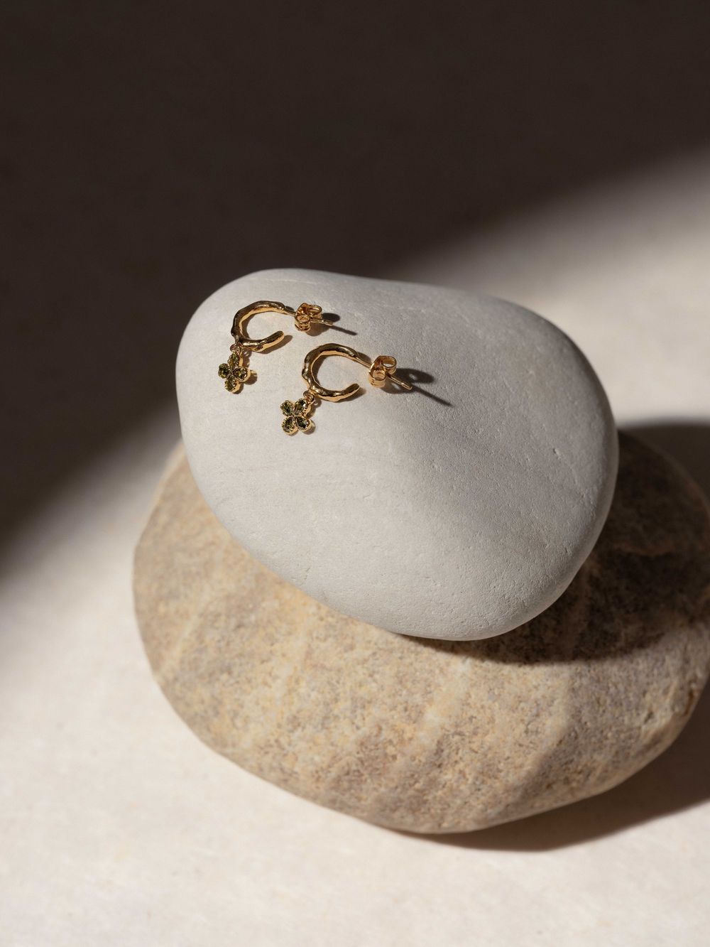 A small brown gecko rests on a smooth gray stone surface, casting a subtle shadow in dramatic lighting.
