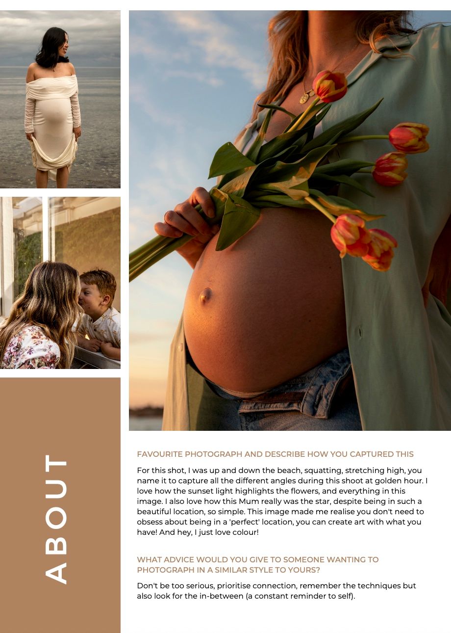 A maternity photo collage featuring beach portraits, a family moment, and a pregnant belly with orange tulips against blue sky.