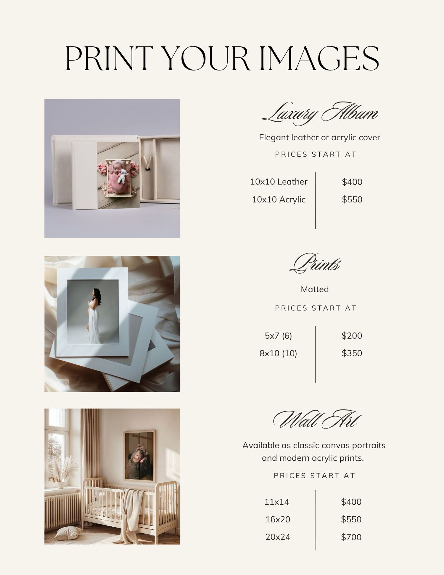 Professional photography pricing guide, Orlando Newborn Photography, Sanford Maternity photography, Pricing guide for prints and wall art
