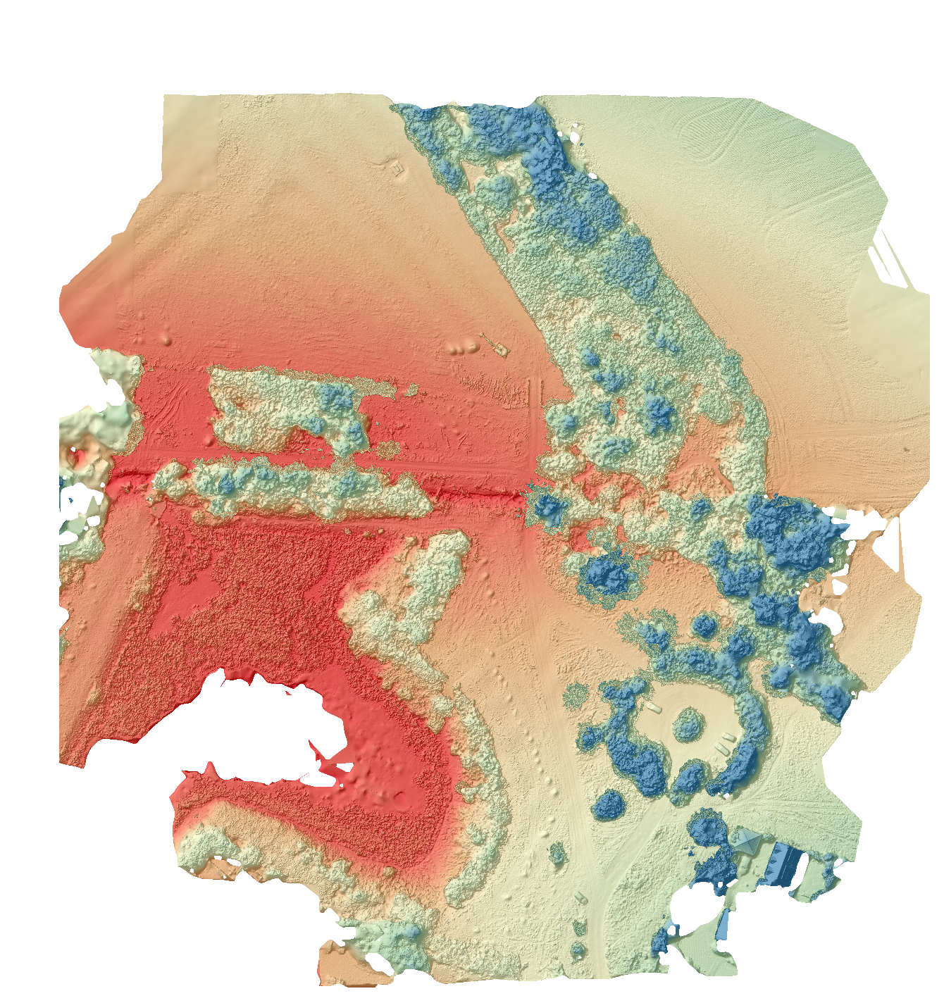 Colorful 3D terrain map with red, blue, and green elevation gradients showing detailed topographic surface features.