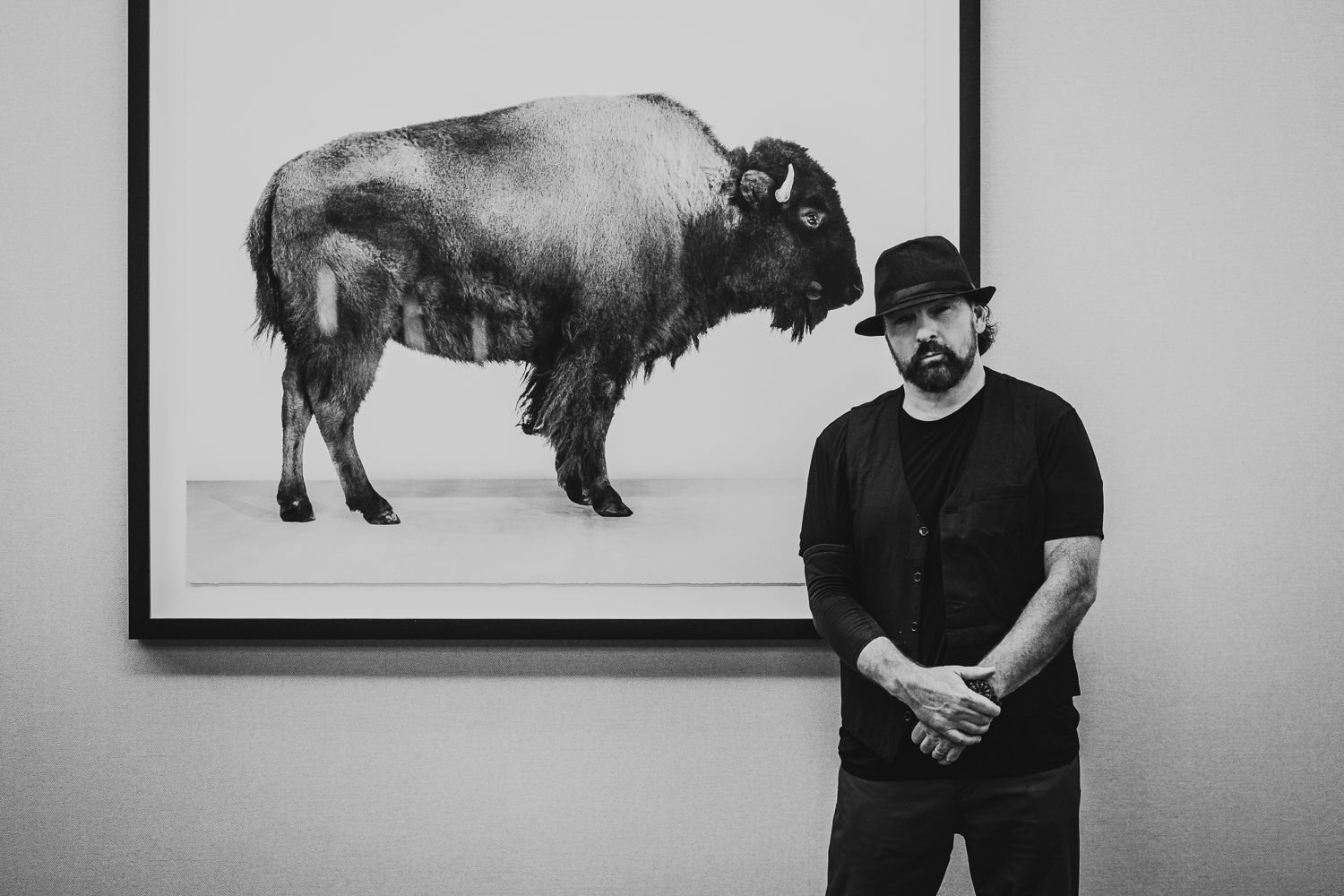Black and white gallery wall showing large bison artwork with people viewing the exhibition.