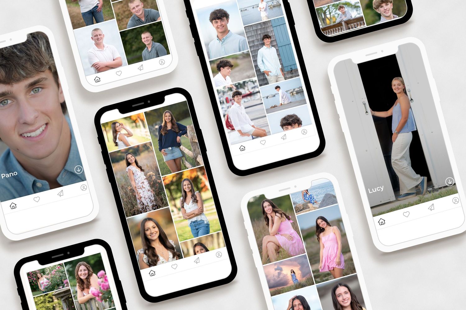 Mobile phones displaying a modern website layout with clean design and multiple content sections in a grid format.