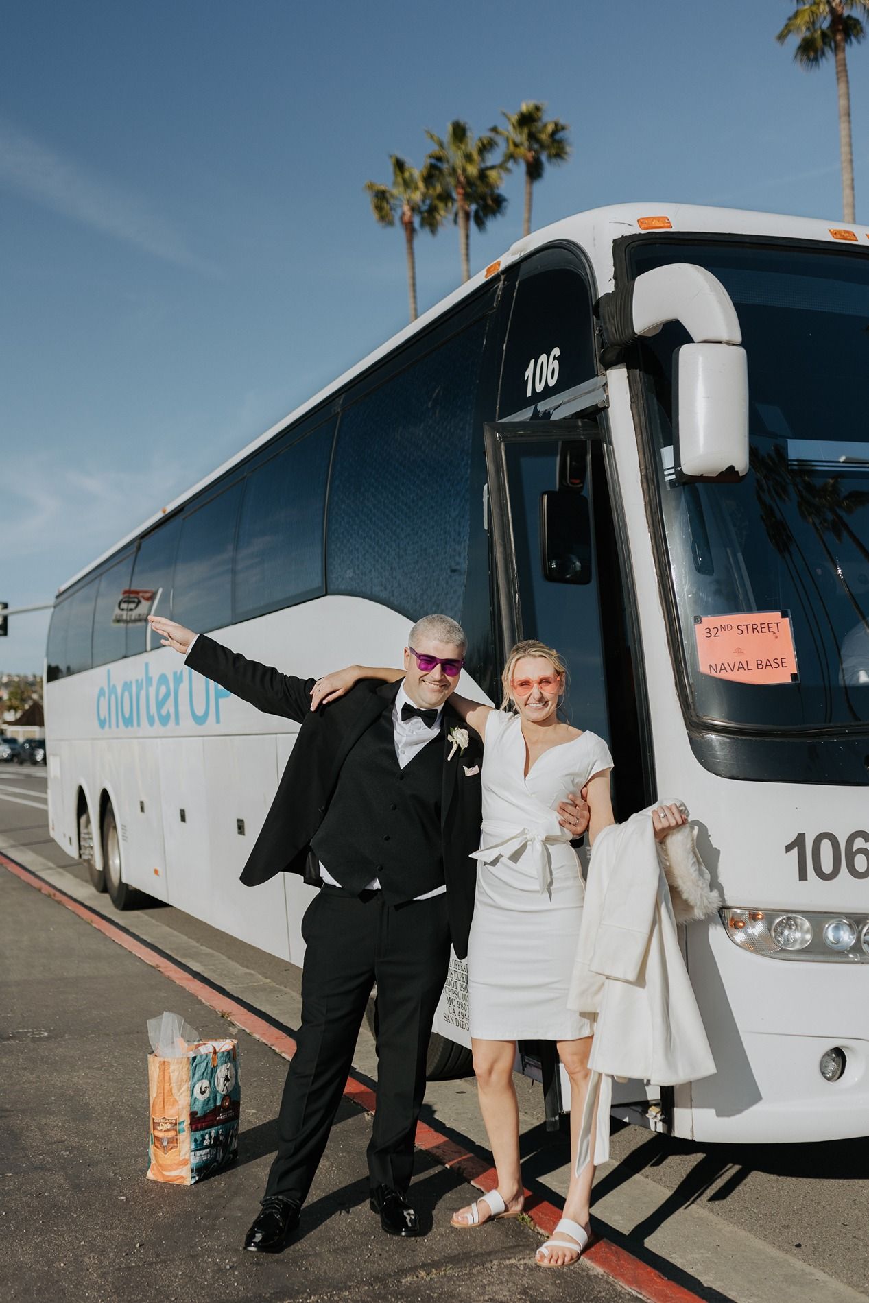 A series of wedding photos showing a couple posing playfully in front of a charter bus in a sunny outdoor setting in San Diego.