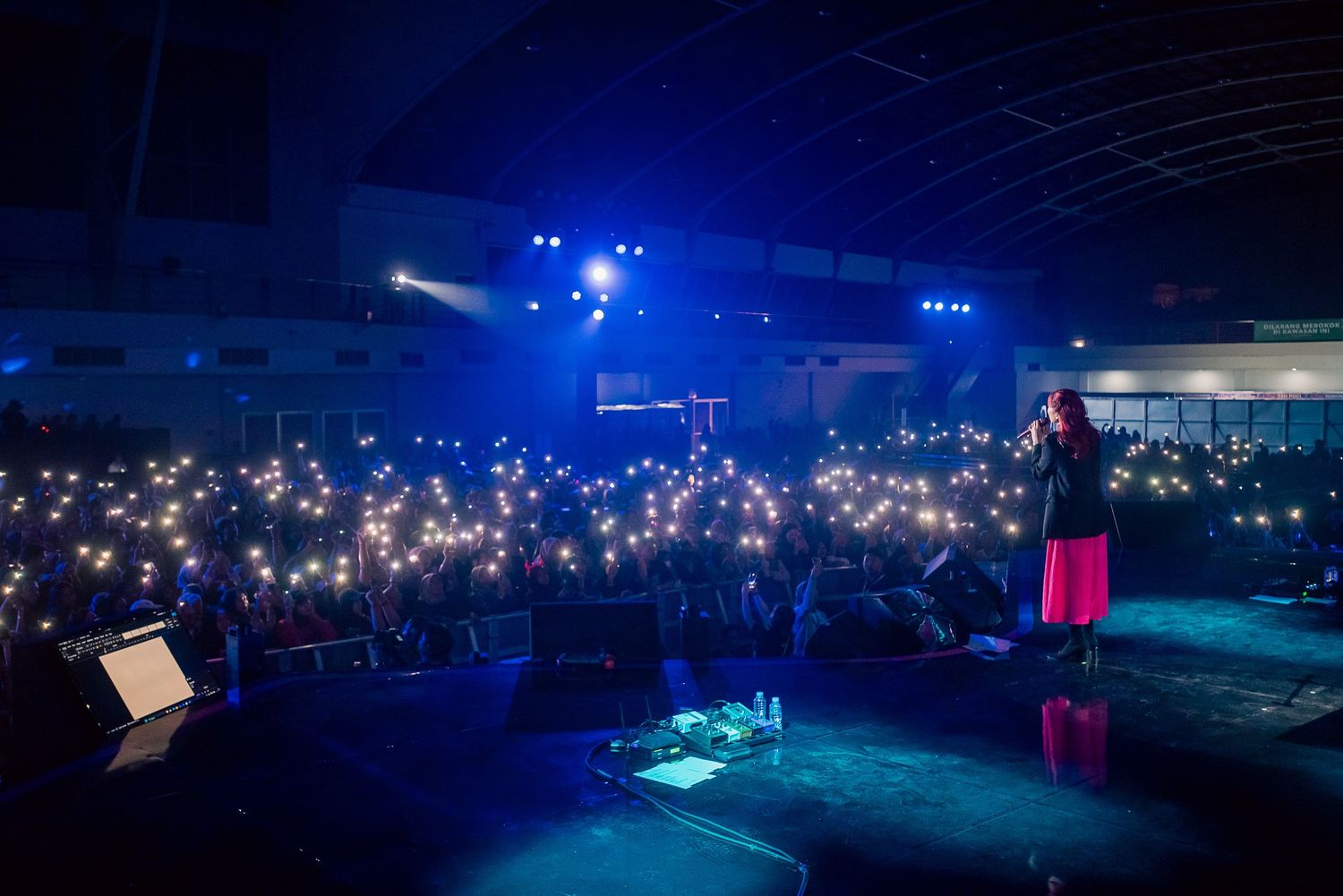 Singer performs on stage before a large crowd holding up glowing phone lights in a dark concert venue.