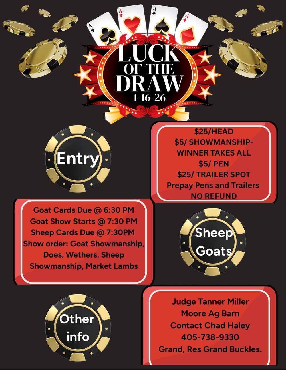 Casino-themed event poster showing playing cards and poker chips advertising a Luck of the Draw livestock show with entry details.