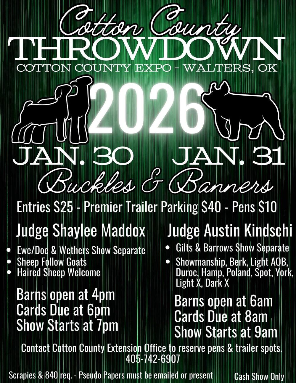 Green promotional banner for a Cotton County horse show event with dates and details in white text.