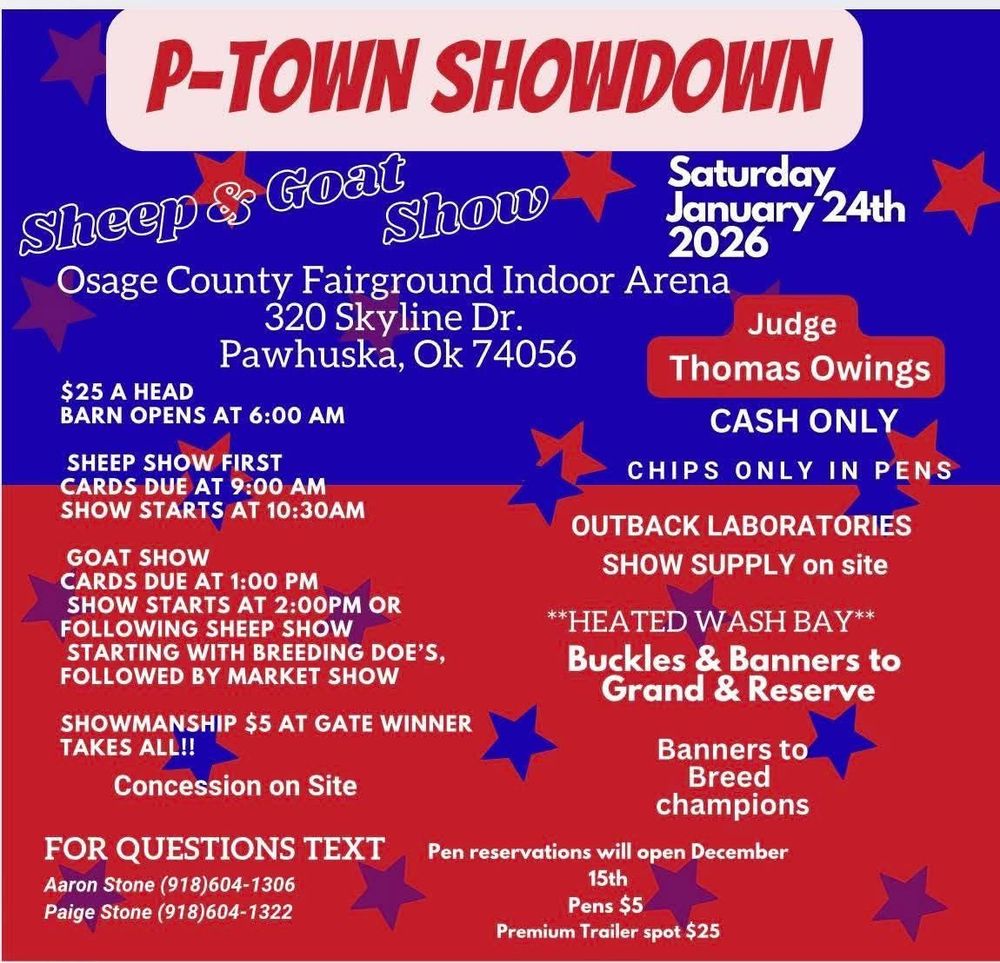 Event poster for P-Town Showdown sheep and goat show at Osage County Fairgrounds with competition details and prizes.