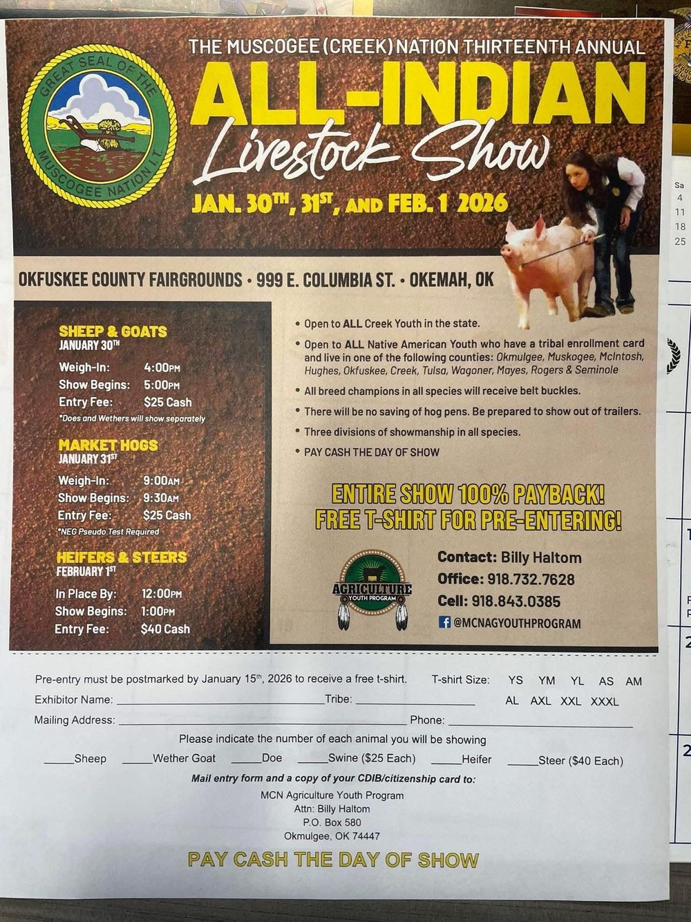 Livestock show registration form with entry details and payment information for an All-Indian event at a county fairgrounds.