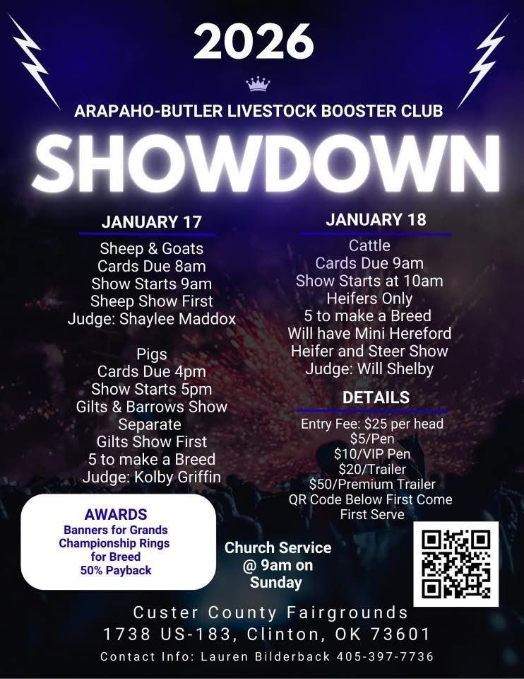 A promotional banner for the 2026 Arapahoe-Butler Livestock Booster Club Showdown event with schedule and details.