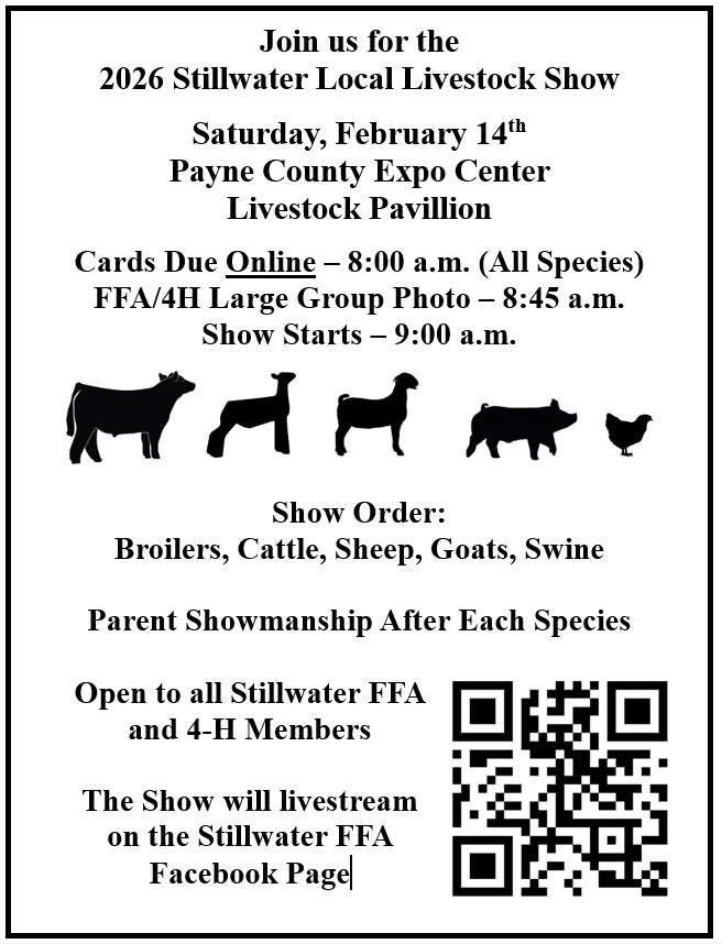 Black and white flyer for 2026 Stillwater Local Livestock Show featuring animal silhouettes and QR code for livestream.