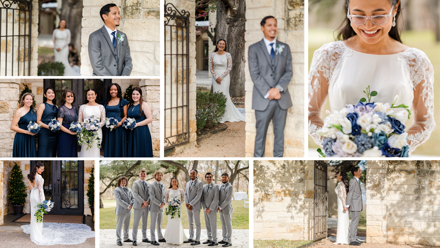 Wedding party photos featuring bride in lace gown, groom in gray suit, and bridesmaids in navy blue dresses outdoors.
