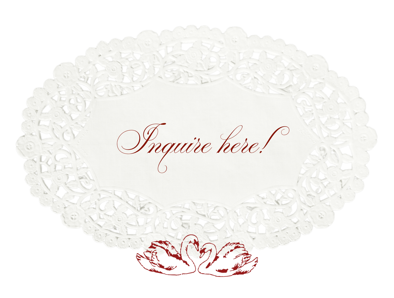 Delicate white lace doily patterns with red calligraphic text elements arranged in an elegant vintage design.