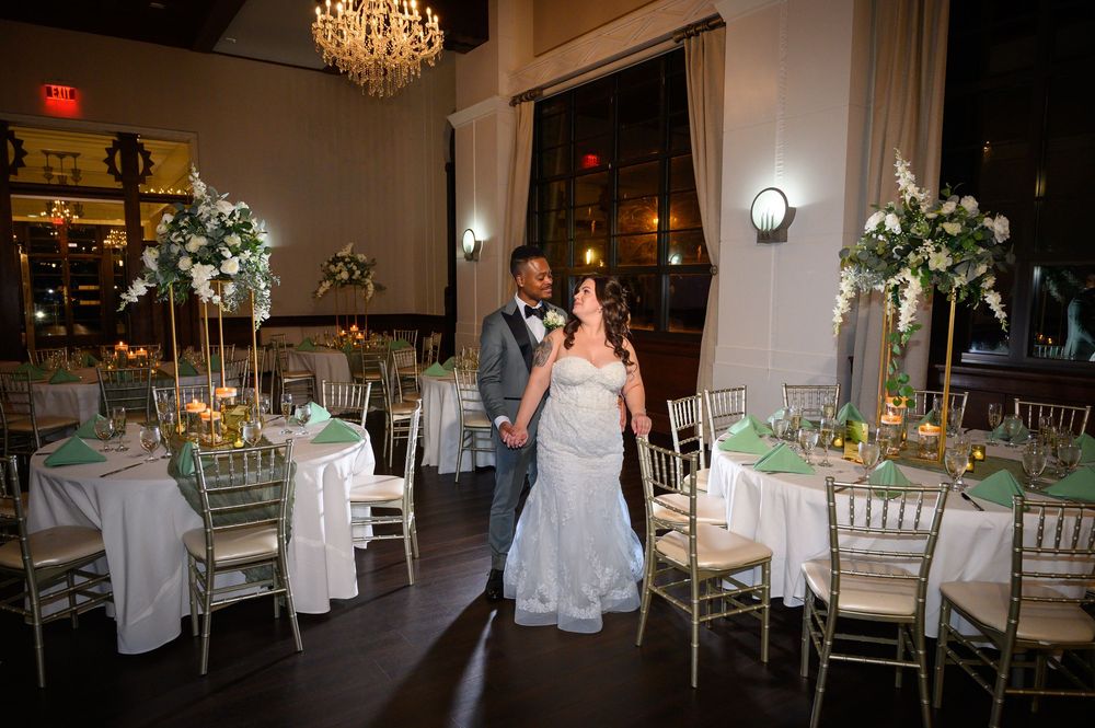 At GatsbyJones Beach, Long Island, with a vintage bride and groom portrait by Deja Vu Studios, room shot.