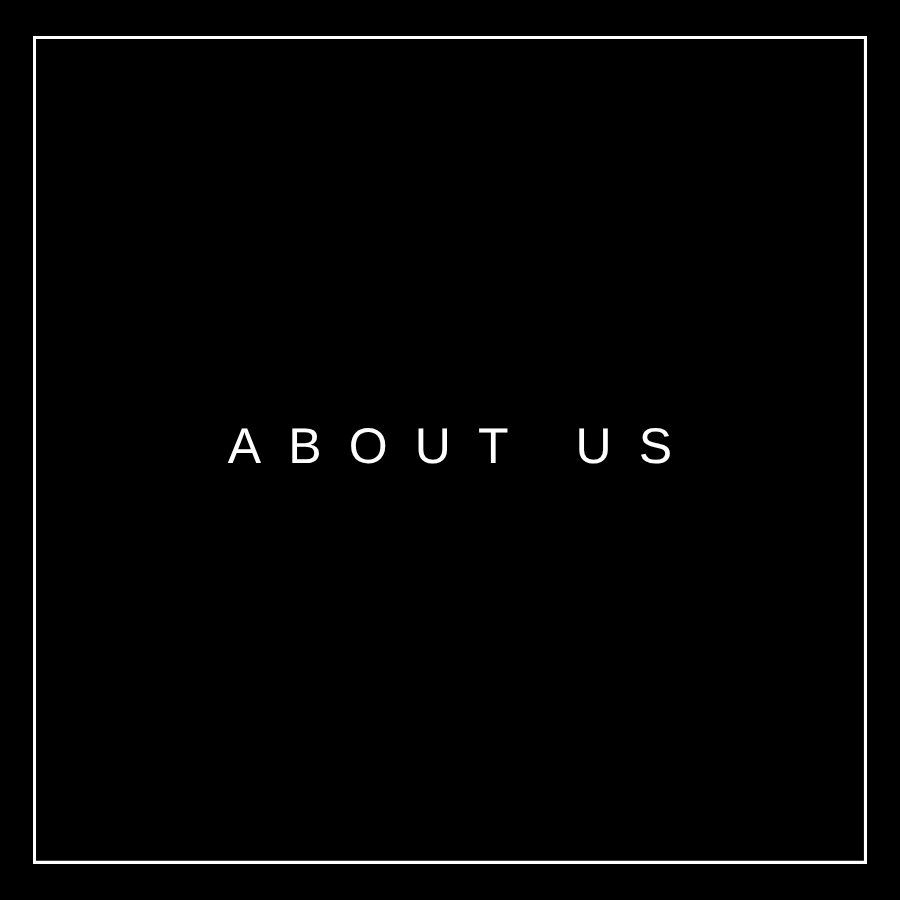 Minimalist black and white text design reading 'ABOUT US' in simple frame.