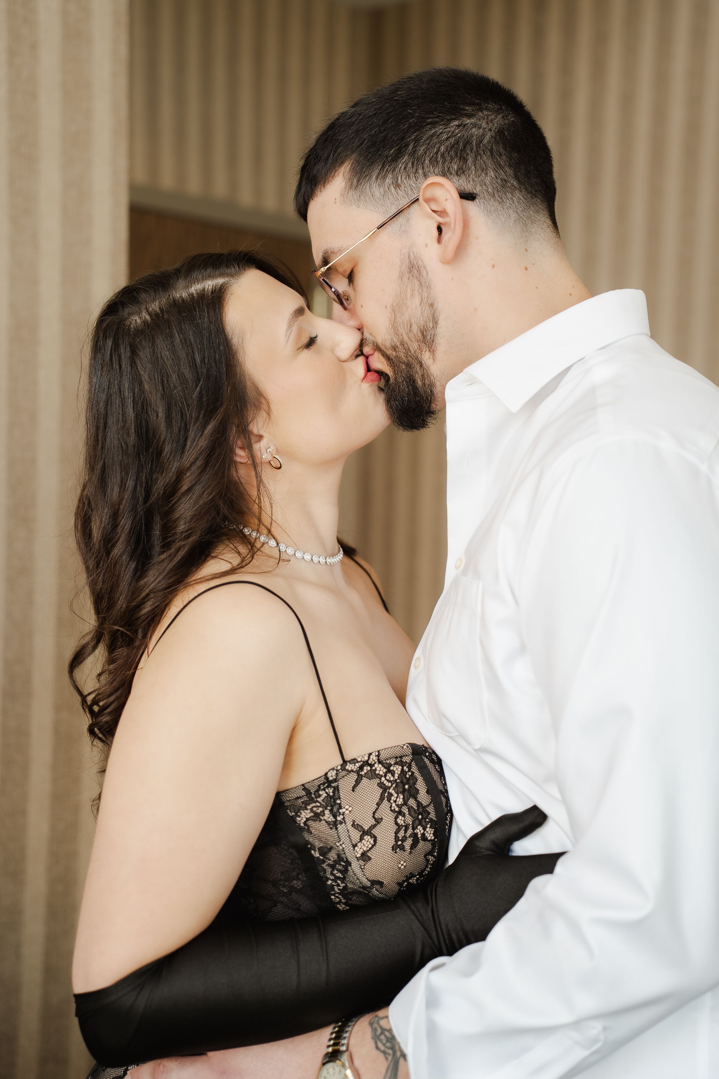 A romantic sequence of five photos showing a couple in formal attire sharing intimate moments while dancing together.