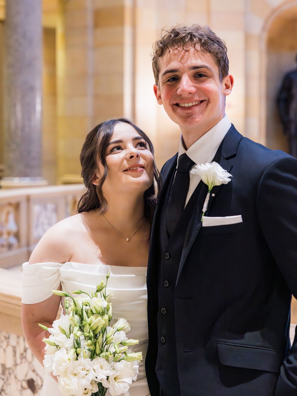 A wedding couple shares joyful moments together in a series of candid photos with white floral bouquet.