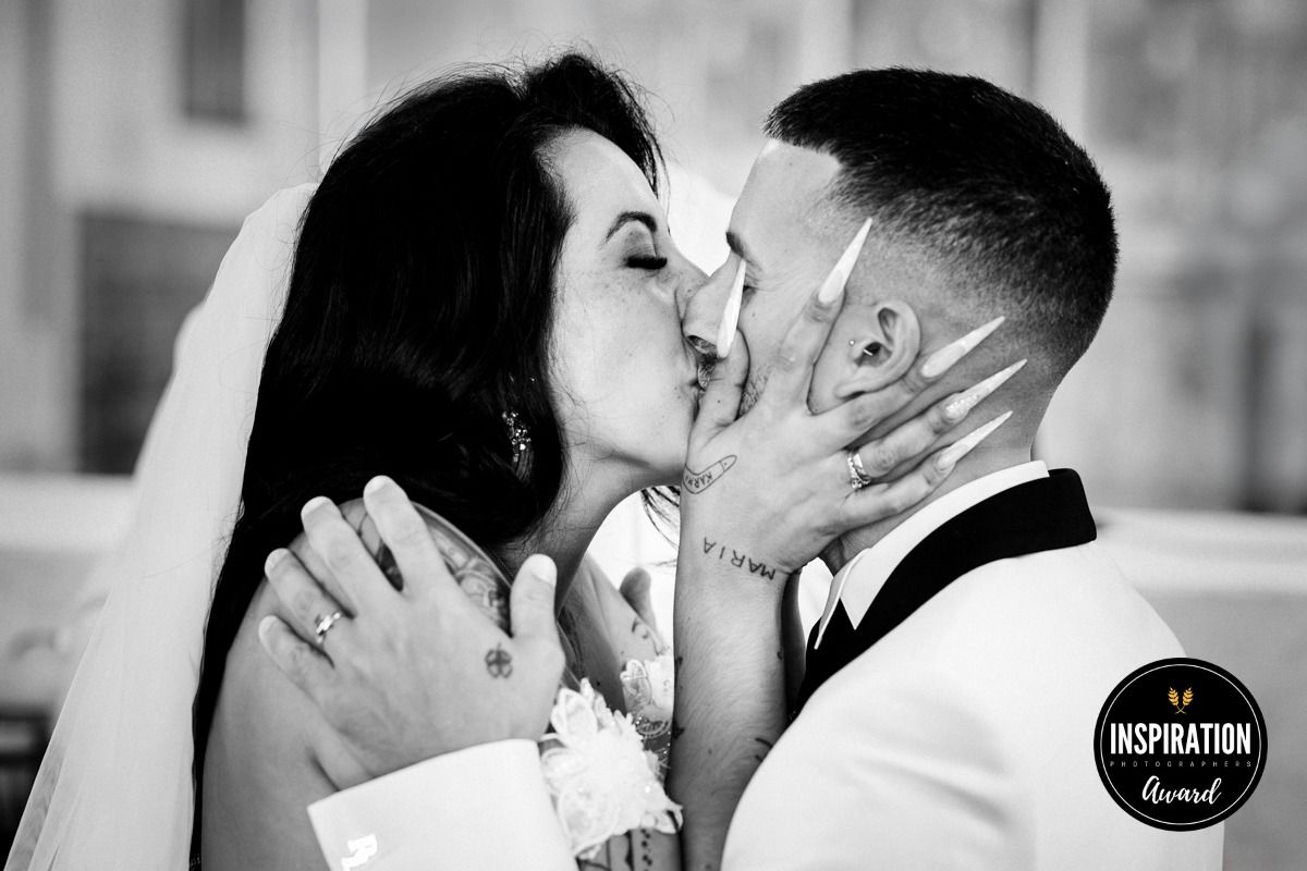A romantic black and white photo series showing tender moments between two people sharing intimate kisses.