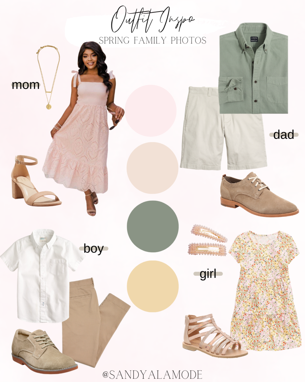 Spring family photo outfit inspiration featuring pink, sage green, and neutral coordinated looks.