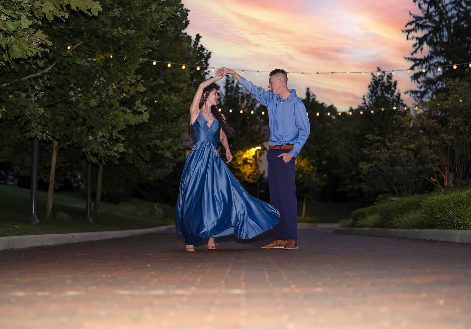 sunset engagement photo at Jeffrey Mansion