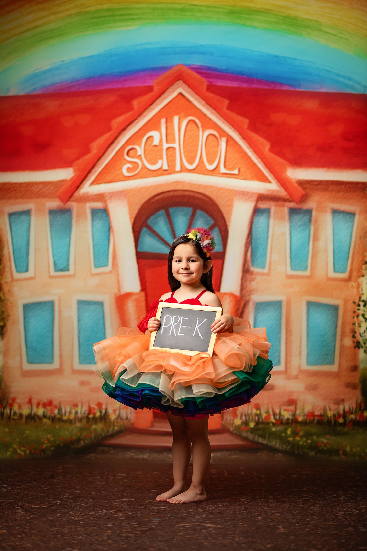 A student in a peach tutu dress holds a Pre-K sign in front of a colorful school backdrop with a rainbow arch.