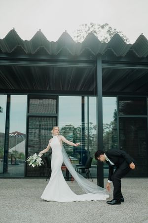 A playful wedding photo sequence showing a bride in white dress and groom in black suit posing outdoors.