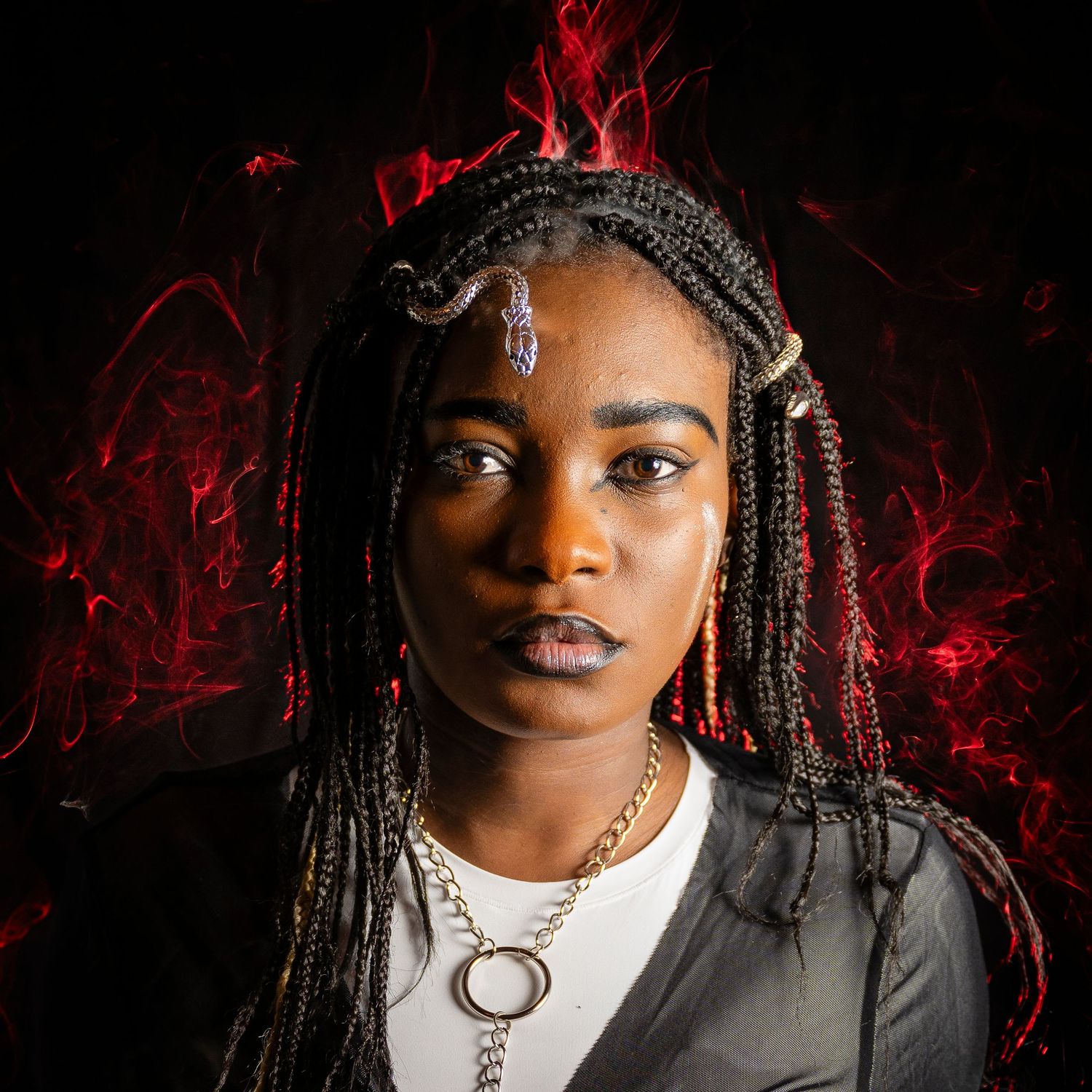 Young woman with box braids and snake hair pin poses against dramatic red smoky background wearing layered necklaces.