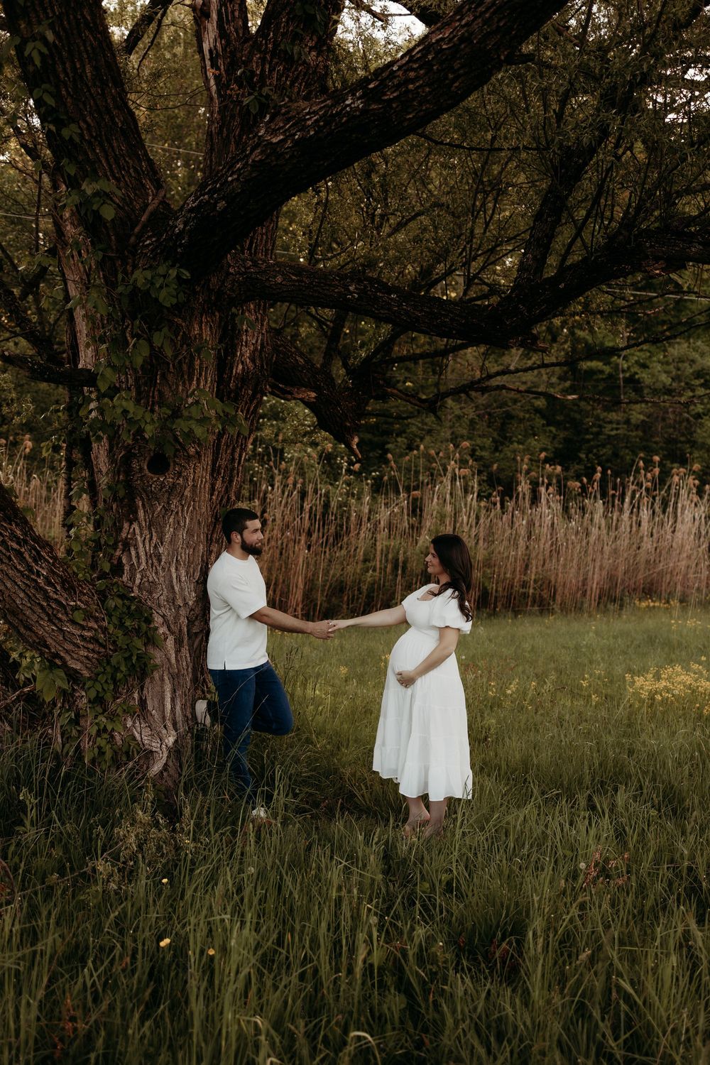 Pregnant couple holding hands in a lush green field beside a large tree during a golden hour maternity photo session.