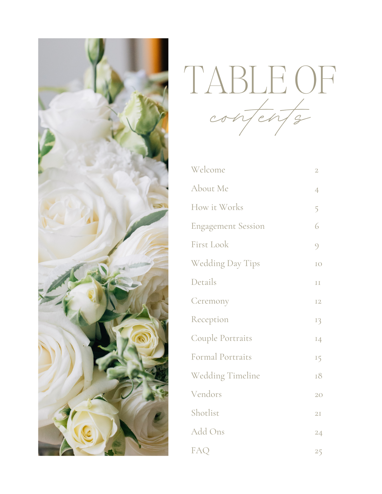 A wedding photography guide table of contents beside elegant white roses and green foliage arrangement.