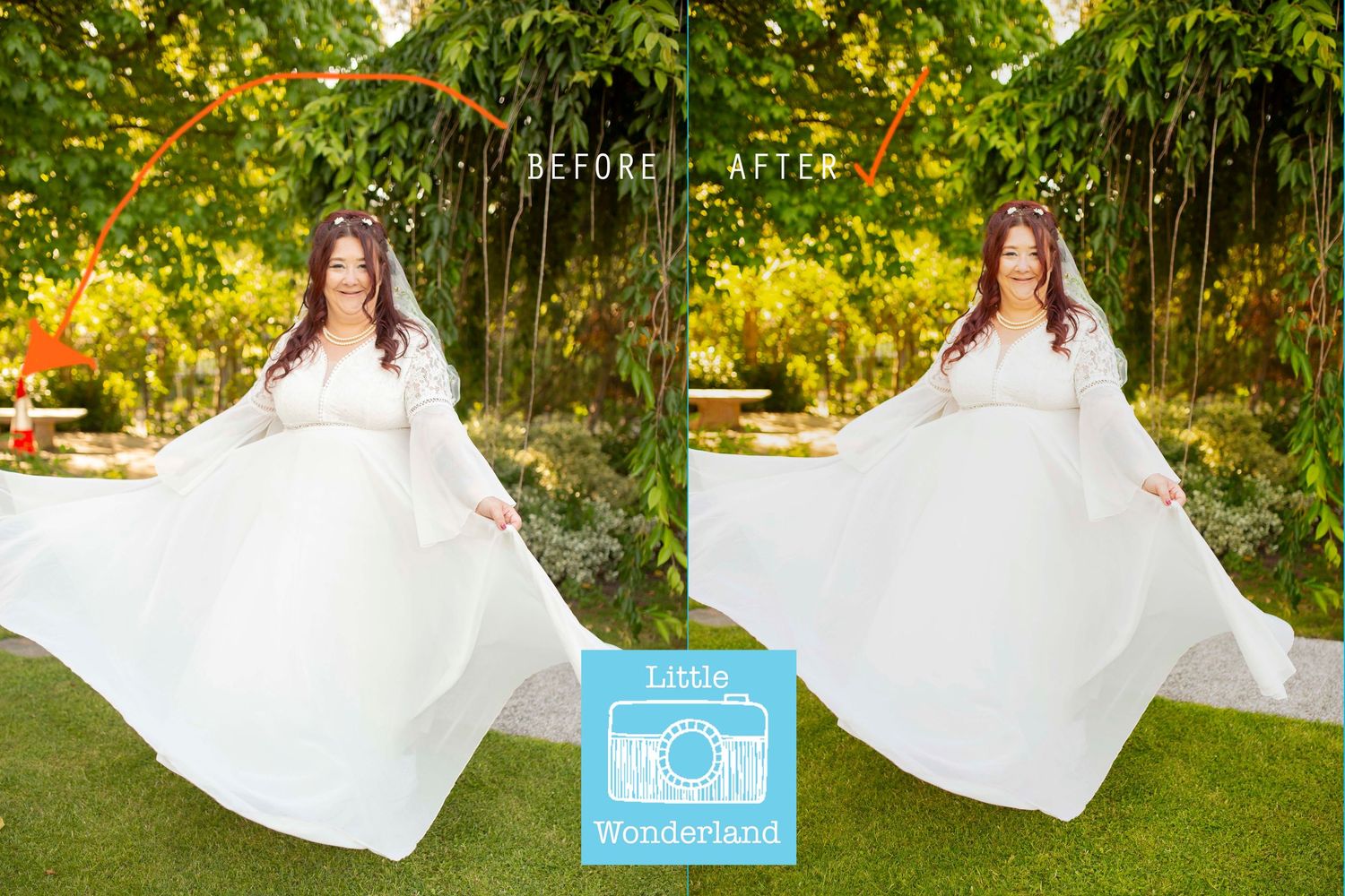 Before and after edit of bride at Runcorn Town Hall gardens after wedding ceremony in the registry office shot by little wonderland photo