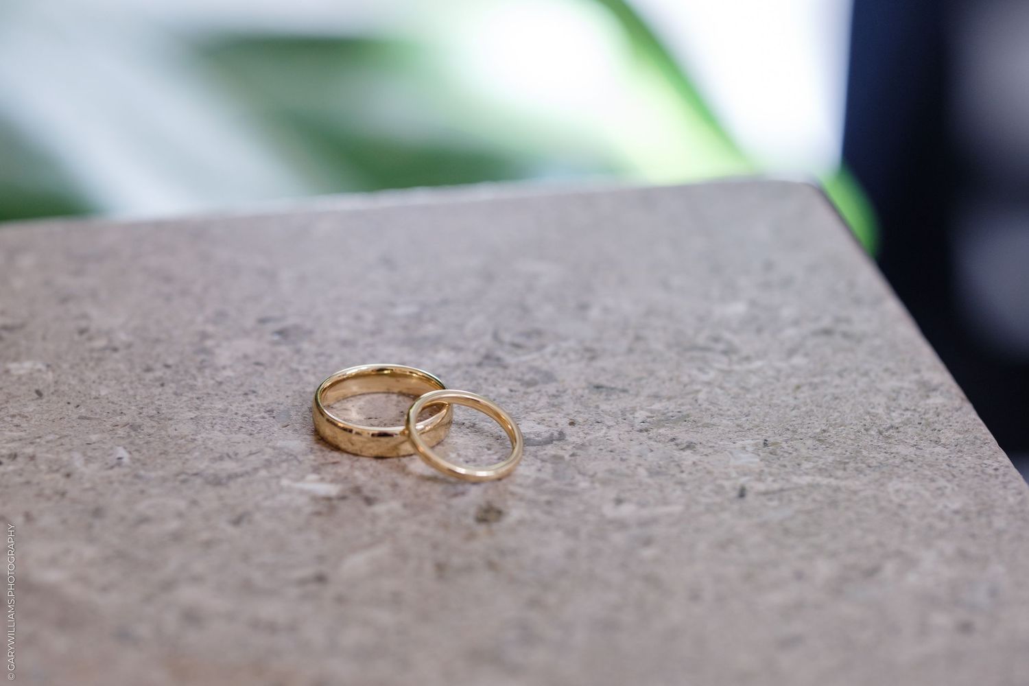 Two gold wedding bands resting on a stone surface with blurred green foliage in the background.