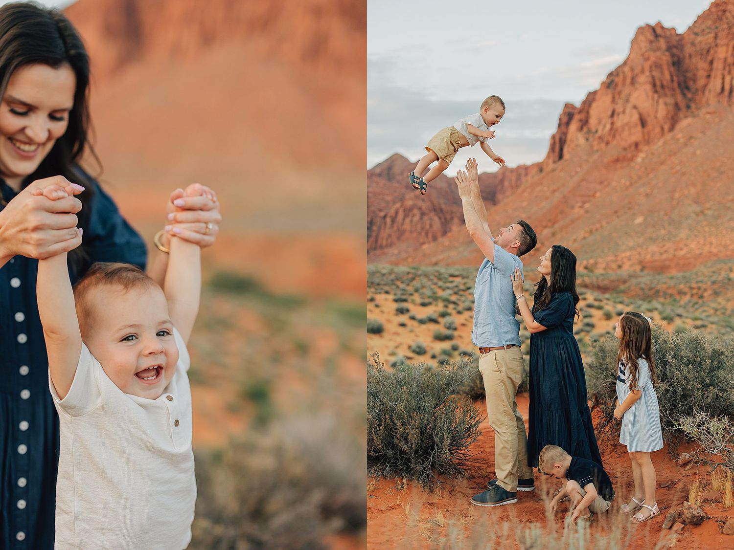 Family portrait session in red rock desert, mother lifting laughing baby boy, father tossing toddler in air with siblings nearby.