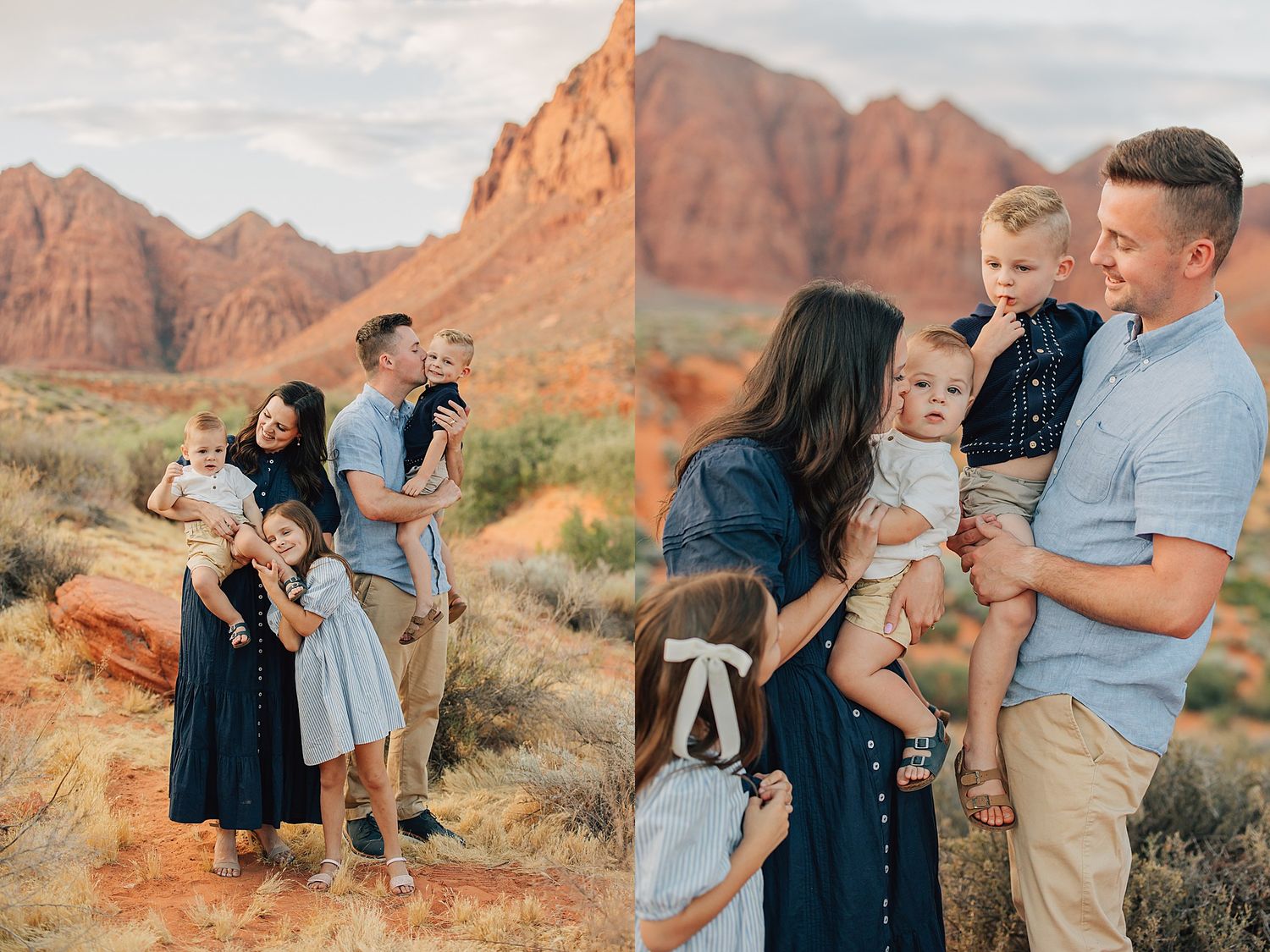 Family portrait session in red rock desert landscape, parents holding young children in coordinating blue and white outfits.