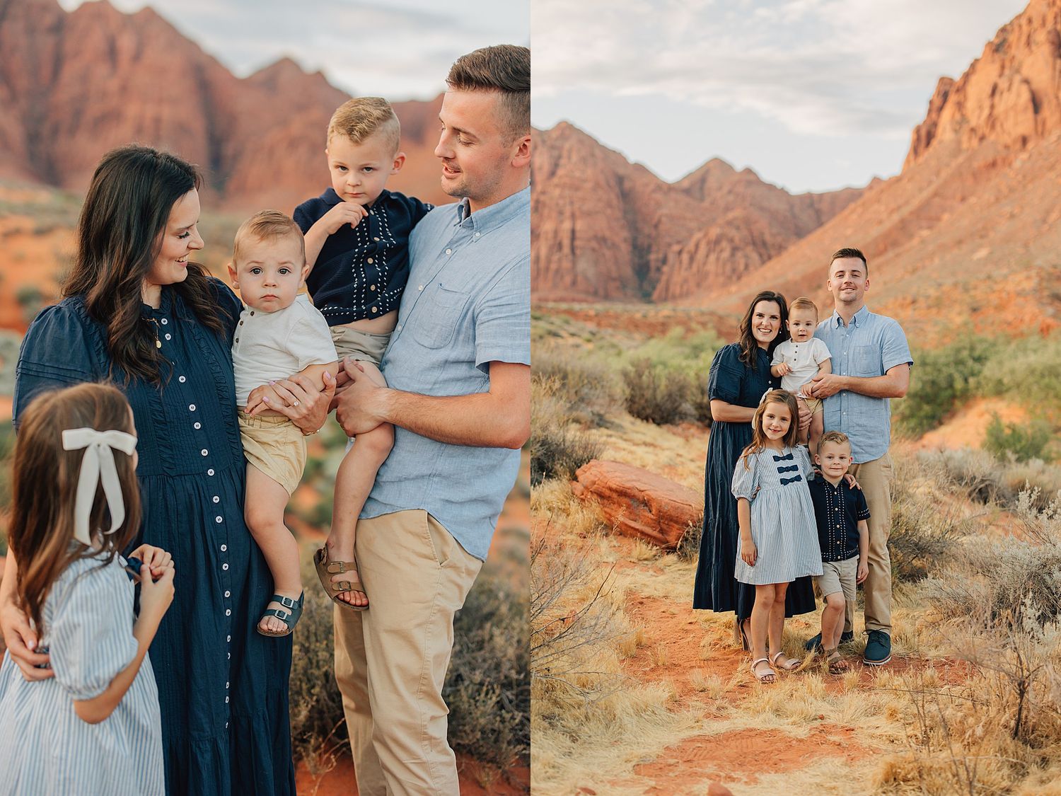 Family portrait session in red rock desert landscape with parents and three young children in coordinating outfits.