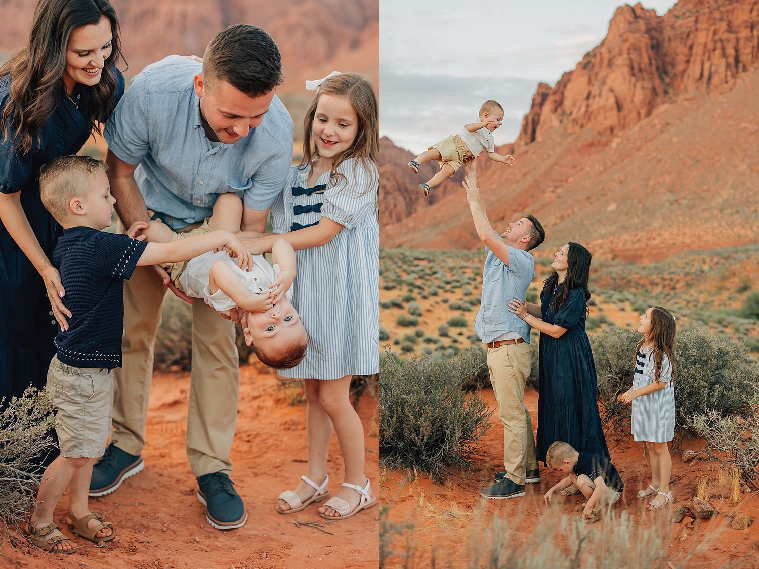 Family of five enjoying a fun outdoor photo session in a red rock desert landscape with mountains.