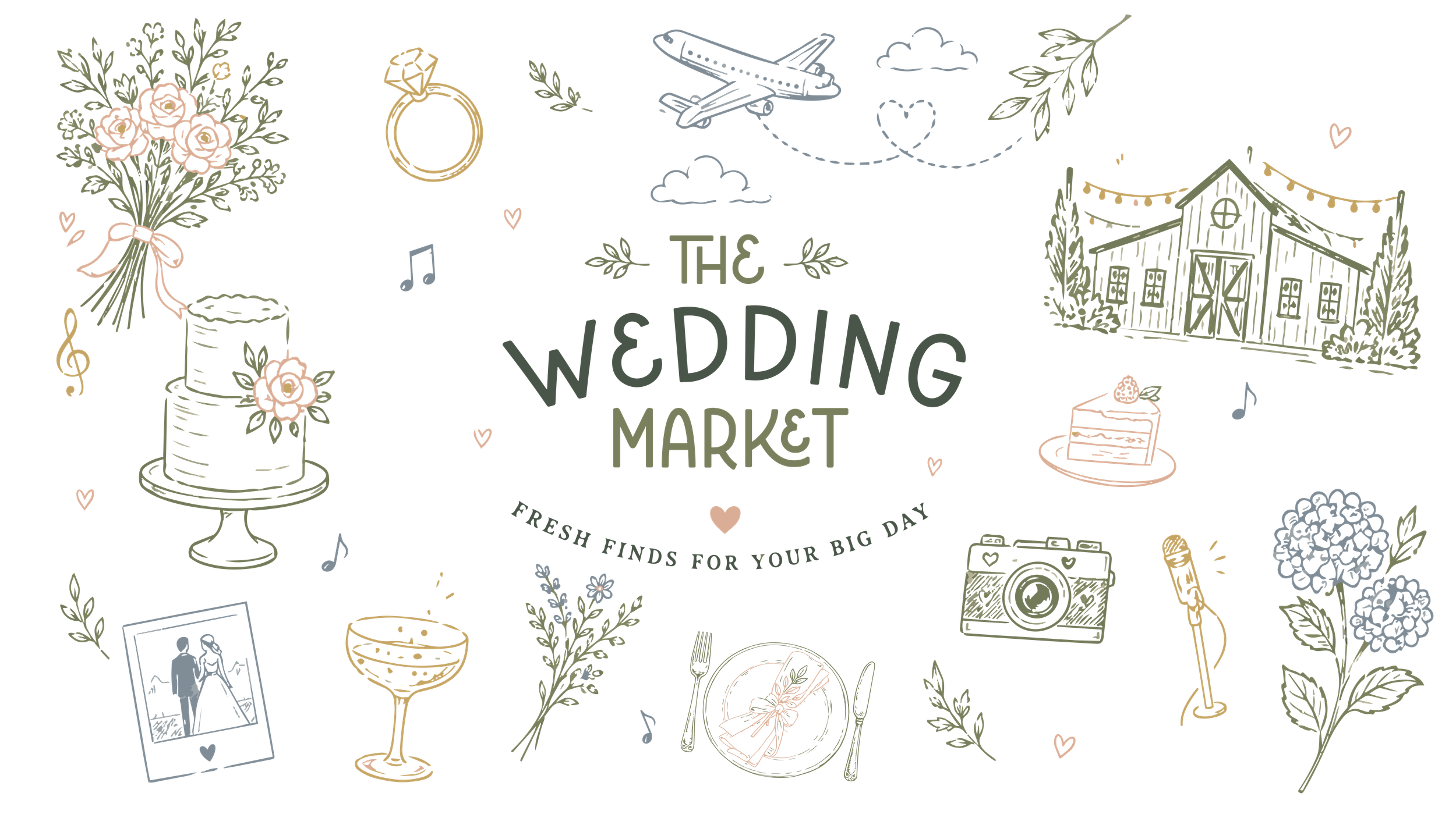 Hand-drawn wedding market logo with floral bouquet, cake, camera, rings, and barn illustrations in soft pastel colors.