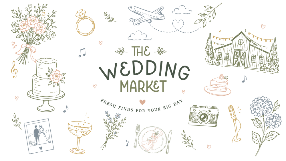 Hand-drawn wedding market logo with floral bouquet, cake, camera, rings, and barn illustrations in soft pastel colors.
