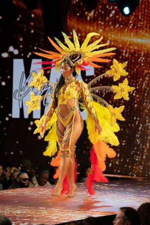 Model showcases vibrant yellow and orange feathered carnival costume with elaborate sunburst headdress on runway.