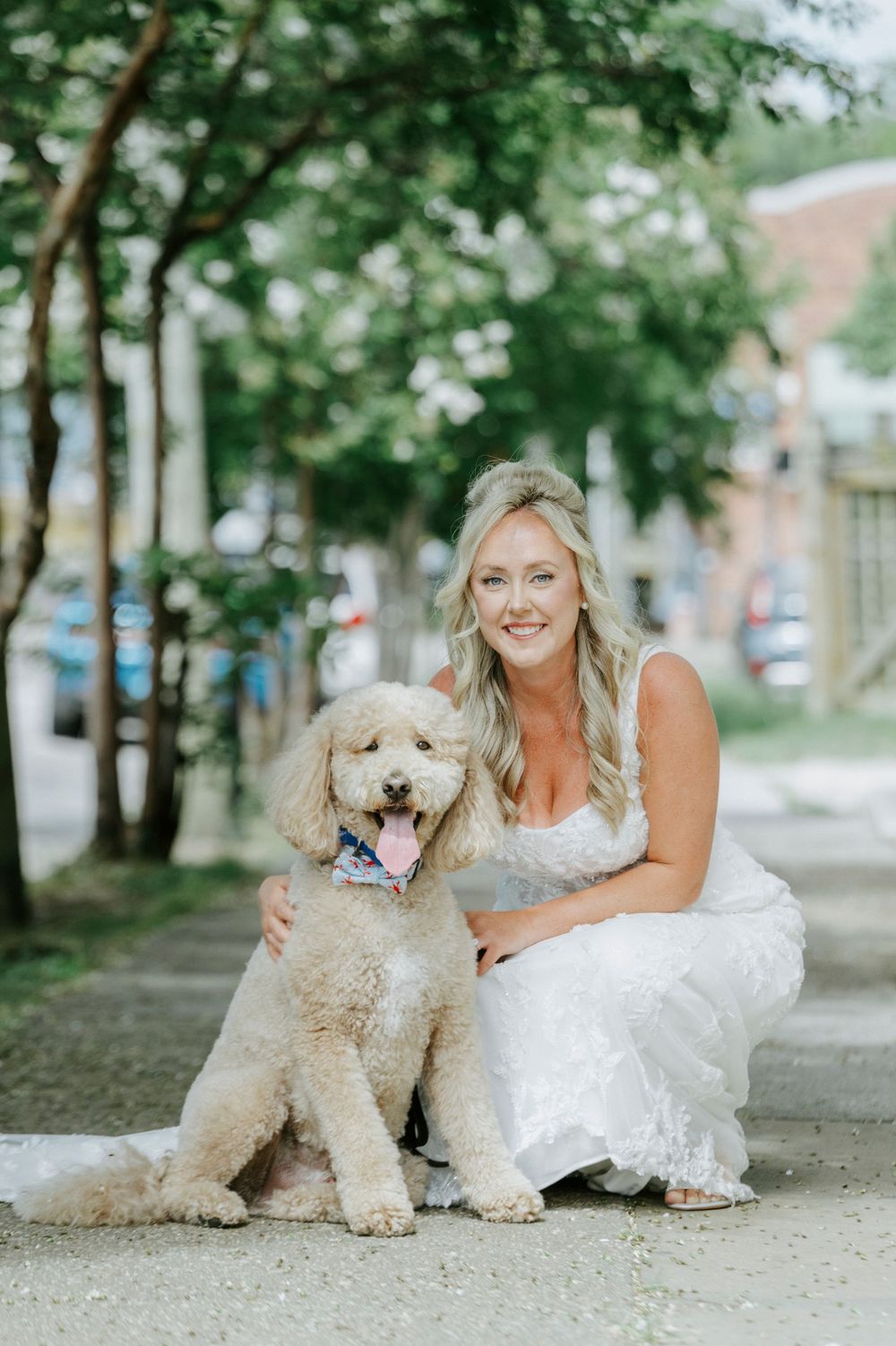 Bride in white wedding gown posing with a fluffy golden doodle dog on a tree-lined sidewalk.