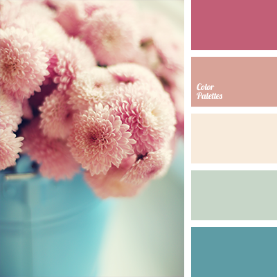 Spring color pallet of pink, peach, cream, soft green and blue inspired by a scene of flowers.